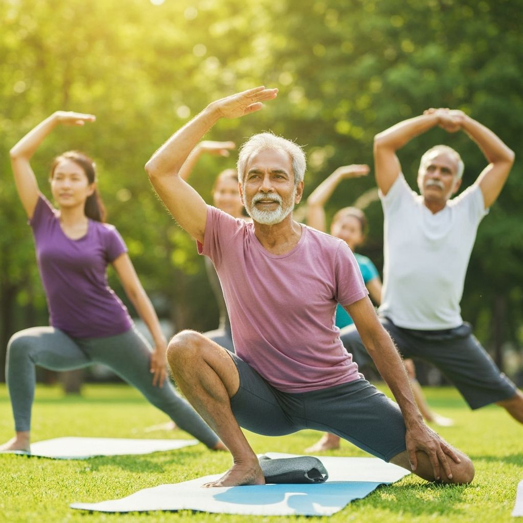 Ľudia cvičiace jógu a stretching cvičenia v prírode